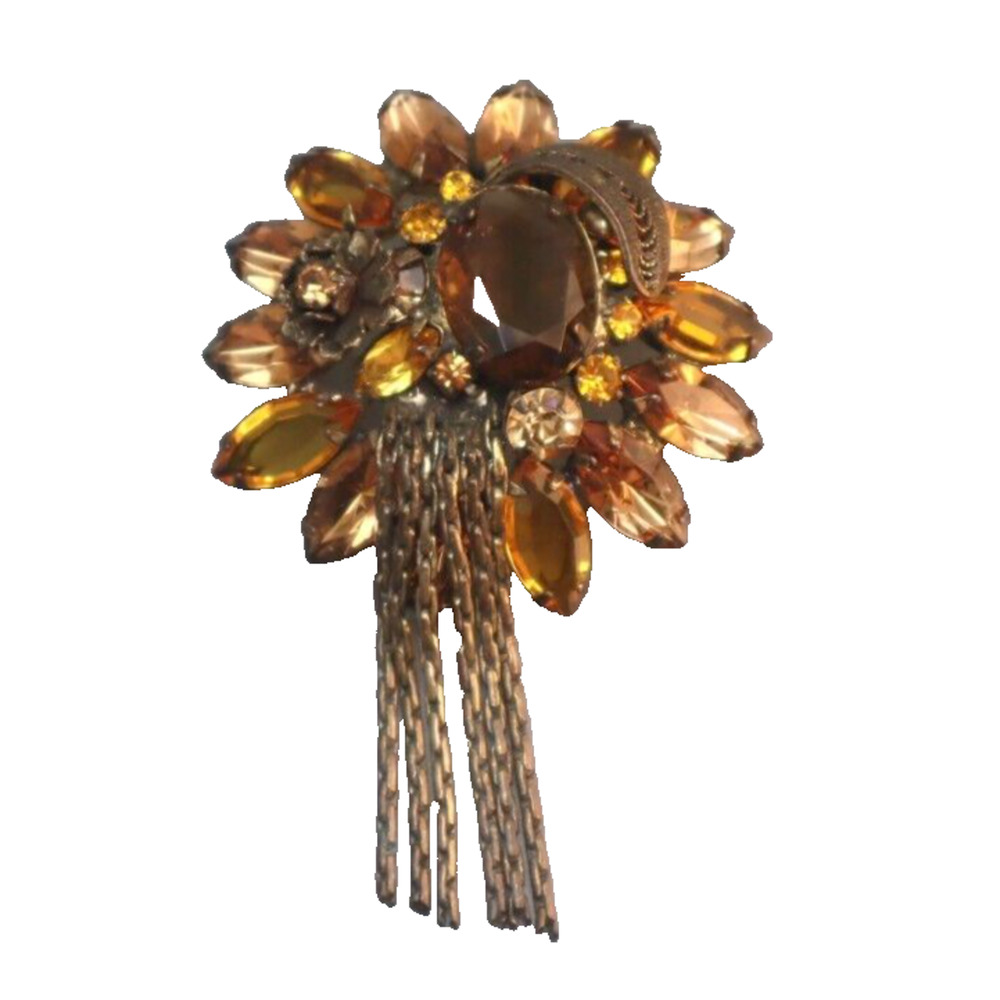 Alice Caviness Topaz Filigree Fringe Unfoiled Rhinestone Brooch
